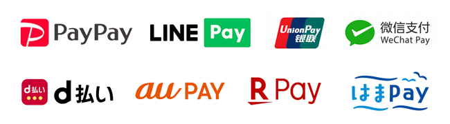 PayPay, LINE Pay, UnionPay, WeChat Pay, d払い, auPAY, R Pay, はまPay